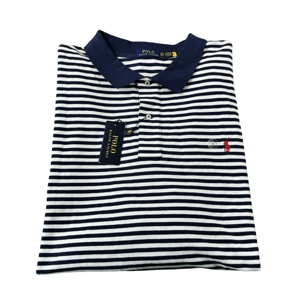Polo Ralph Lauren White Blue Striped Cotton Red Pony Mens Polo Shirt Size 5XLB